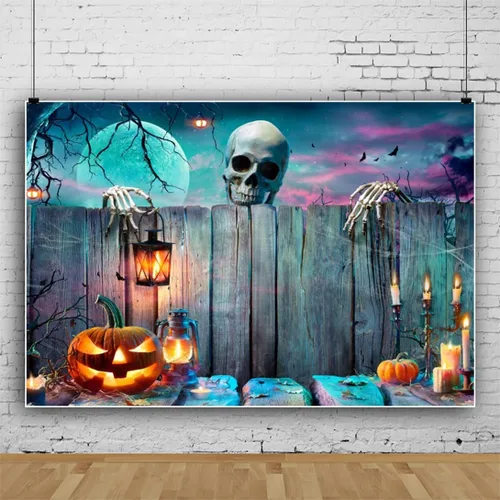 Vista 2 de Leyiyi Telón de fondo de Halloween de 5 x 3 pies para fotografía de esqueleto espeluznante vintage de pared de madera, para fotografía de pared