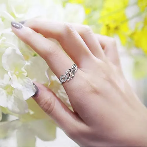 Vista 3 de JO WISDOM Anillo de plata de ley 925 con nudo infinito y hoja de oro rosa con circonita cúbica