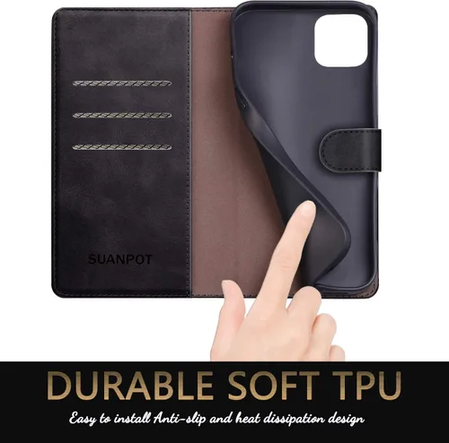 Vista 5 de SUANPOT Funda de piel tipo cartera para iPhone 11 Pro Max de 6.5 pulgadas con bloqueo RFID, soporte para tarjetas de crédito, funda de teléfono