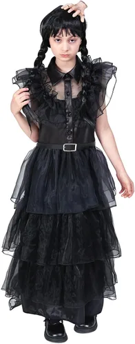 Vista 6 de Disfraz de Miércoles Vestido de tul para niñas, disfraces de Halloween, cosplay, escenario, espectáculo, fiesta