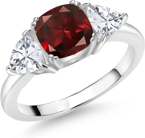 Vista 16 de 925 Sterling Silver Gemstone Birthstone and White Moissanite 3-Stone Engagement Ring for Women 7MM Cushion and 5MM Trillion Accents Three Stone