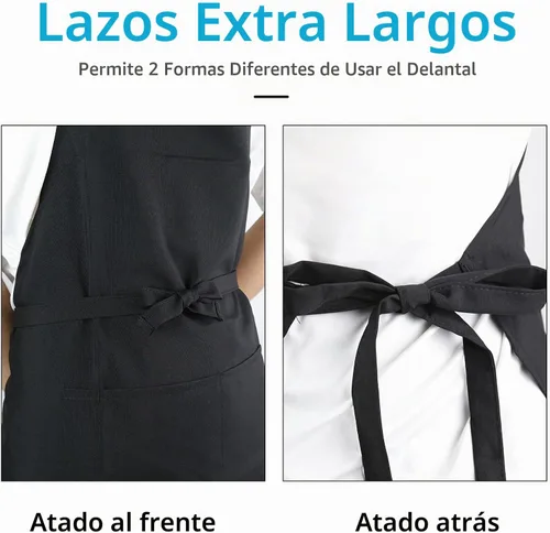 Vista 6 de Delantal ajustable con peto, impermeable, con 2 bolsillos, correa para el cuello y corbata extra larga, delantales de cocina unisex