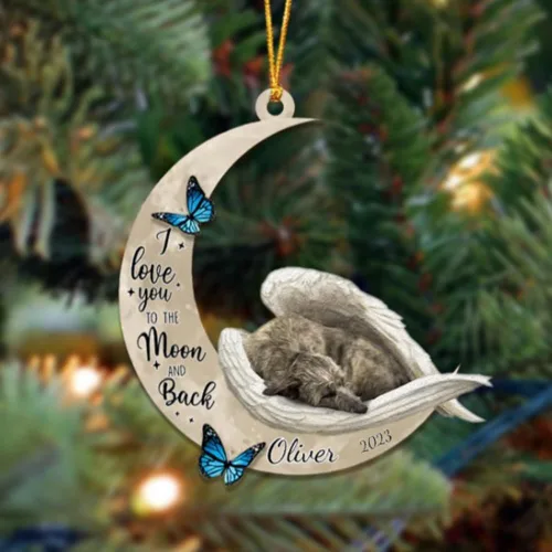 Vista 147 de Adorno colgante personalizado de ángel durmiendo en la luna, perro sabueso afgano, nombre personalizado, acrílico impreso en 2D plano – cumpleaños