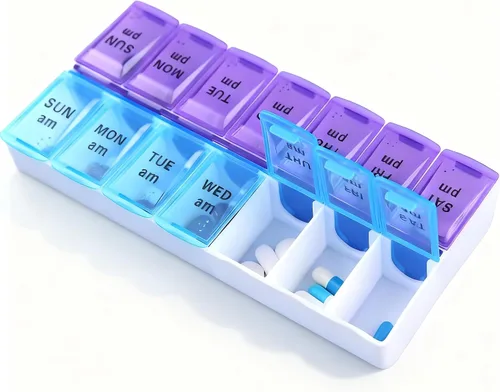 Vista 9 de INVODA Pastillero semanal de 7 días con recordatorio de medicamentos, organizador de píldoras, mañana, mediodía, noche, diario, 21 compartimentos