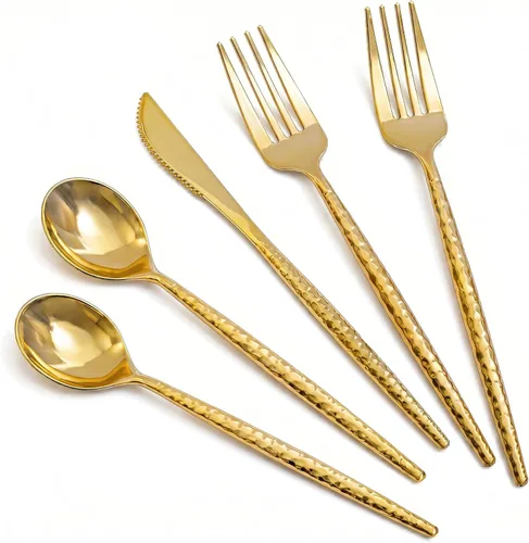 Vista 10 de MirthMood - 36 cubiertos de plástico dorados, cubiertos dorados desechables, utensilios desechables resistentes, juego de cubiertos de plástico