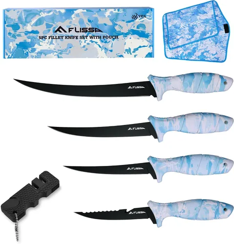 Vista 10 de FLISSA Juego de cuchillos de filete, cuchillo deshuesador y cuchillos de cebo con afilador, funda protectora, clip para cinturón, mango