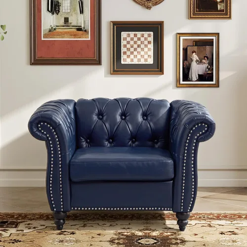 Vista 11 de LEVNARY Sillón Tapizado en Cuero, Silla Sofá Individual Estilo Mediados de Siglo Moderno con Brazos Curvos y Tachuelas, Silla Chesterfield de Cuero