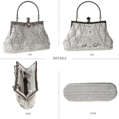 Vista 5 de Bolso de mano de estilo vintage con cuentas florales y strass para mujer, con bordado de lentejuelas, bandolera para novia, boda, fiesta