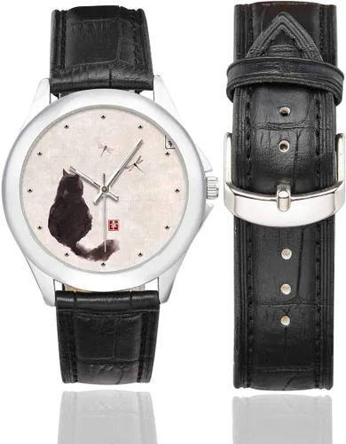 Vista 2 de InterestPrint Funny Cat - Reloj clásico de acero inoxidable con correa de cuero para mujer, color negro