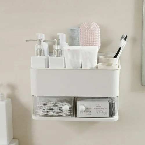 Vista 4 de Organizador de pared para baño, organizador de ducha de plástico 2 en 1 y soporte para Qtip, estante de almacenamiento adhesivo grande con cajón