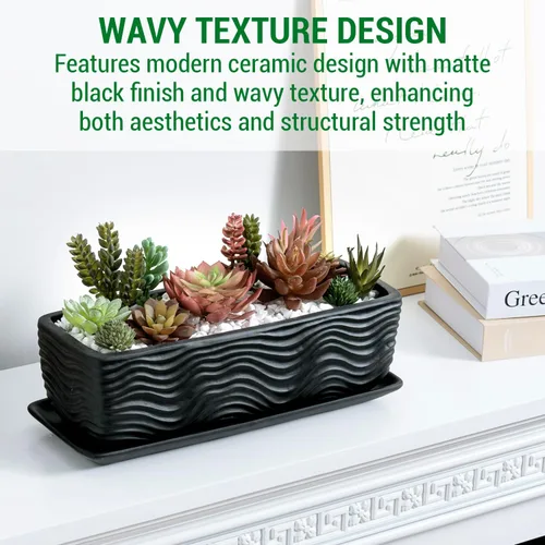 Vista 2 de [Usado] MyGift Maceta de cerámica de 12.5 pulgadas, moderna maceta rectangular texturizada para suculentas con diseño de ondas y platillo extraíble