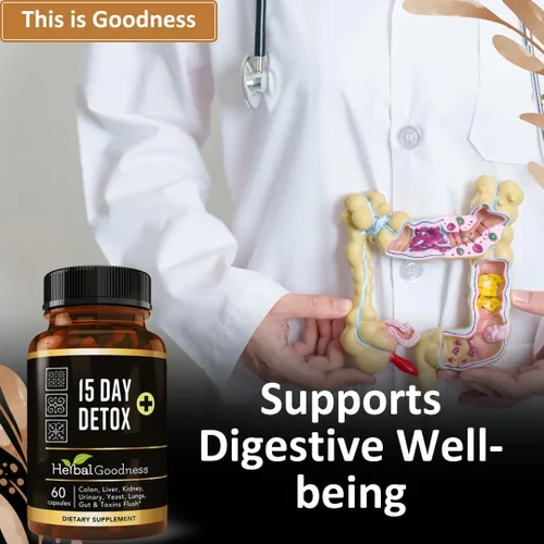 Vista 2 de Herbal Goodness Cápsulas de desintoxicación de 15 días (60 cápsulas) - Desintoxicación natural del cuerpo, apoyo para limpieza del colon, suplemento