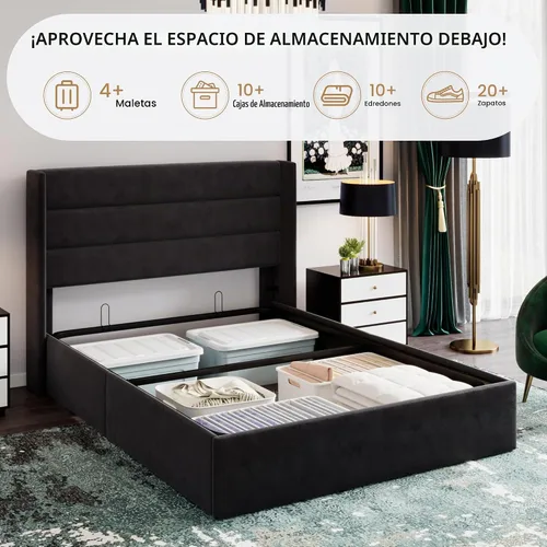 Vista 3 de SHA CERLIN Cama de Almacenamiento Elevable Tamaño Completo/Tapizada en Terciopelo/Cabecera Moderna Wingback/Marco de Cama Plataforma Negro