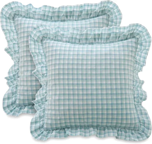 Vista 46 de Mywinlle juego de 2 fundas para cojín con volantes a cuadros negro/blanco, fundas de almohada decorativas de algodón lavado a cuadros estilo granja