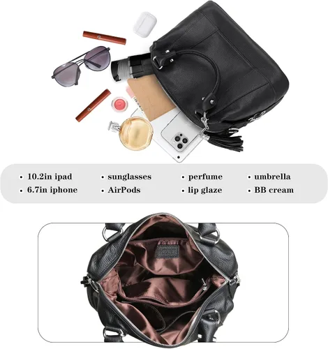 Vista 18 de Heshe - Bolsa de hombro de piel para mujer, con asa superior, bolsa cruzada