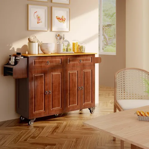Vista 5 de Aiho Carrito de isla de cocina con almacenamiento, carritos móviles de 52 pulgadas con mesa de cocina rodante con toallero, estante de especias