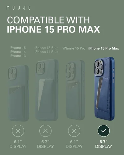 Vista 4 de Mujjo Funda de cuero tipo cartera para teléfono Compatible con iPhone 15 Pro Max Compatible con MagSafe Funda de cuero europeo de primera calidad