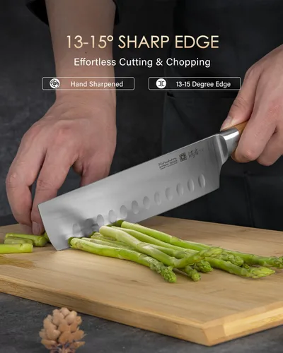 Vista 5 de Mitsuharu Cuchillo Nakiri de 7 pulgadas, cuchillo para verduras serie SHOMAN, hoja afilada, mango ergonómico de madera de olivo, cuchillo de carne