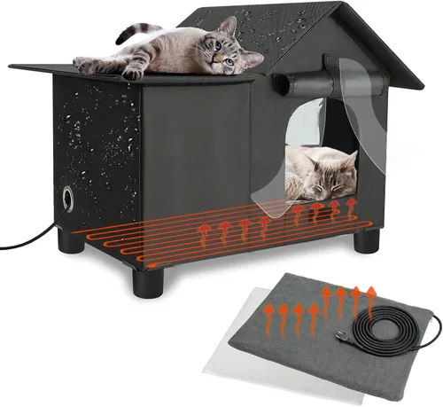 Vista 8 de Gran casa climatizada para gatos al aire libre en invierno, refugio resistente a la intemperie para gatos ferales con 2 almohadillas, perrera