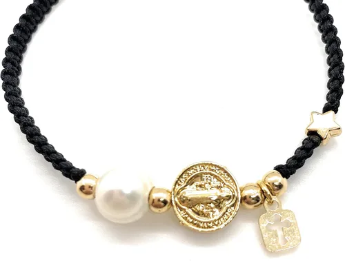 Vista 4 de Alea Collection Medalla protectora de San Benito con dijes sagrados de cuerda negra ajustable para mujer, Cuerda de algodón de lino, dije chapado