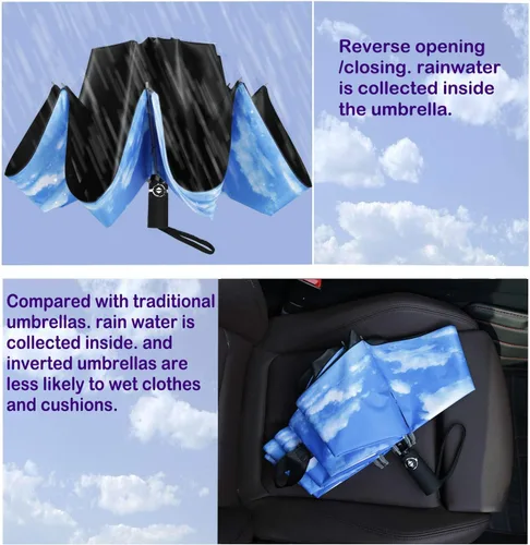 Vista 4 de Paraguas a prueba de viento sombrilla de viaje Siepasa paraguas reversible plegable compacto un botón para abrir y cerrar automáticamente