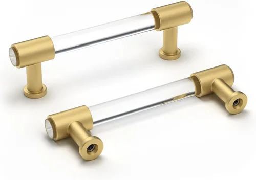 Vista 10 de Goldenwarm Paquete de 10 Pomos Dorados para Gabinete de Acrílico, Pomos para Cajones Decorativos de Acrílico Transparente en Forma de T, Herrajes