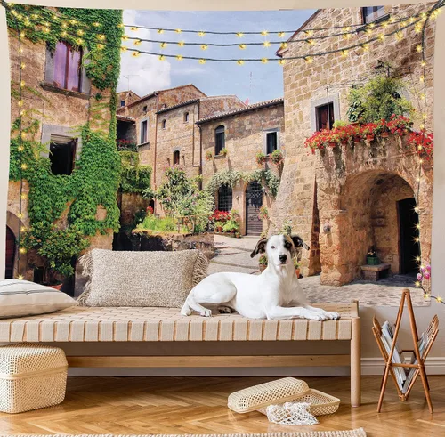 Vista 8 de Lunarable Tapiz de la Toscana, calles italianas en el campo, casas de ladrillo tradicionales con estampados antiguos toscanos, decoración de tela