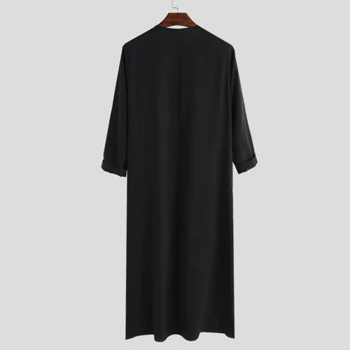 Vista 4 de Bata musulmana para hombre 2023 Causal Manga Larga Algodón Islámico Thobe Largo con Bolsillos Moda Sólida Moda