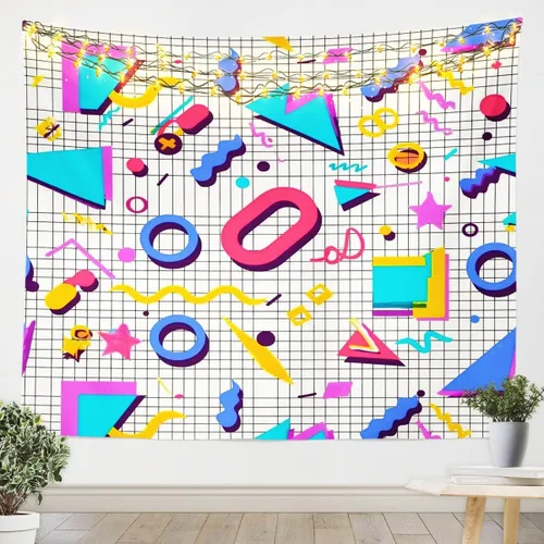 Vista 10 de Tapiz retro de los años 80 y 90, tamaño pequeño de 51 x 59, tapices geométricos abstractos urbanos modernos y colgantes de pared triangulares, arte