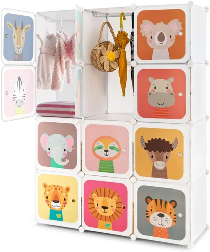 Vista 10 de Costzon Armario para Niños, Organizador de Almacenamiento Modular de Tocador de Dibujos Animados DIY con 12 Cubos y 2 Percheros para Colgar Ropa