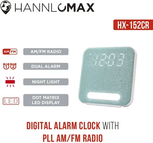 Vista 4 de HANNLOMAX Radio despertador HX-152CR, radio PLL AM/FM, reloj digital con alarma dual, luz nocturna. (verde)