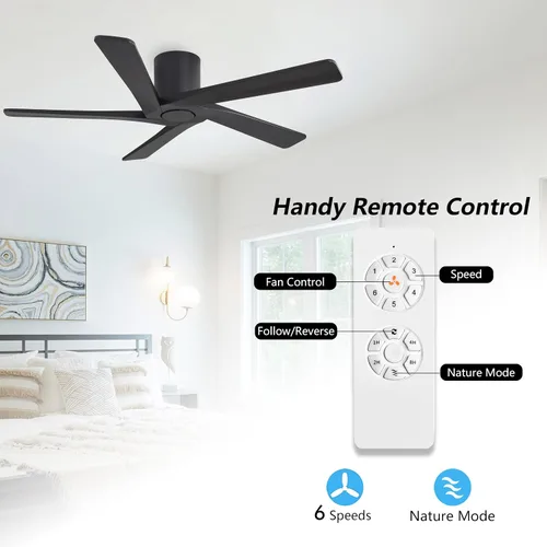 Vista 2 de WINGBO Ventiladores de techo CC de montaje al ras de 48 pulgadas sin luces, 5 aspas de madera maciza tallada, motor CC reversible de 6 velocidades
