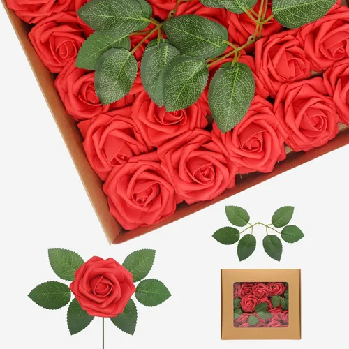 Vista 24 de Flores artificiales, rosas falsas de espuma de aspecto real, combo de flores artificiales de boda para ramos de boda, centros de mesa, arreglos