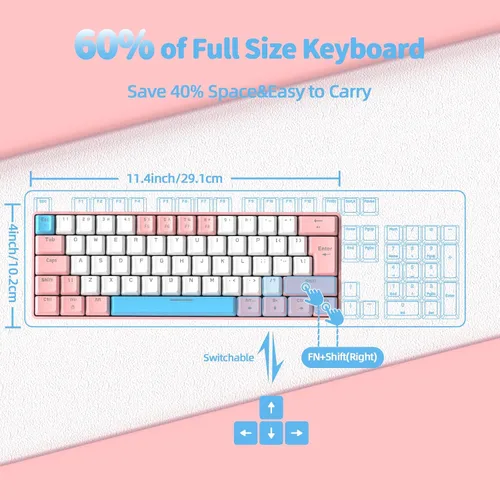 Vista 6 de ZIYOU LANG Teclado mecánico T60 con cable 60% TKL para juegos con retroiluminación LED arco iris ultra compacto NKRO Interruptor táctil azul clicky
