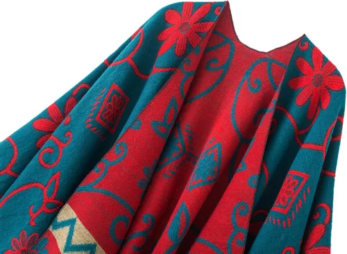 Vista 2 de Poncho con flecos, con estampado vintage, estilo retro, a la moda, para mujer. Capa, chal.