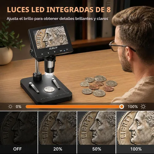 Vista 4 de Elikliv Microscopio para monedas, microscopio digital LCD de 4.3 pulgadas, 1000x, lupa de monedas con 8 luces LED ajustables, vista de PC compatible