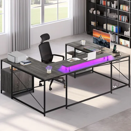 Vista 5 de DWVO Escritorio en forma de U con cajones 79" Reversible L Shaped Desk with Power Outlets & LED Lights, Corner Computer Desk with Monitor Stand &