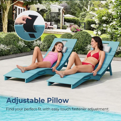Vista 8 de Juego de 4 sillas de piscina para exteriores, resistentes a la intemperie, sillas de bronceado plegables con reposacabezas, soporta hasta 400 Azul
