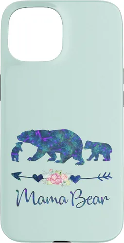 Vista 6 de Teal Blue Purple Floral Mama Bear and Two Cubs Green Mint Case for iPhone 16