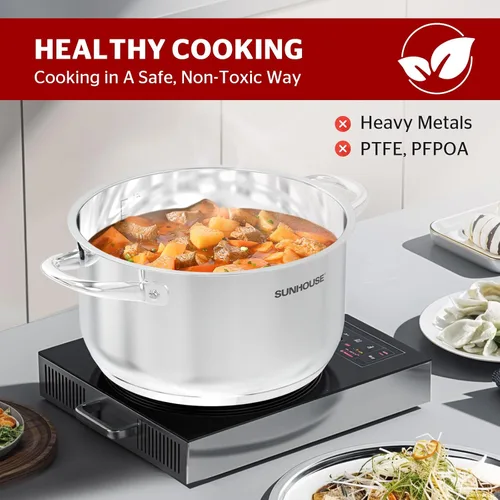 Vista 4 de Sunhouse: Olla de acero inoxidable – 16 cuartos de galón – Tapa de vidrio templado, parte inferior de 3 capas, sopa, pasta-alimentos, hervir a fuego