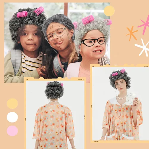 Vista 4 de Old Lady Costume for Women Kids,8Pcs Grandma Cosplay Set for 100th Day of School Granny Costumes Halloween Accessories