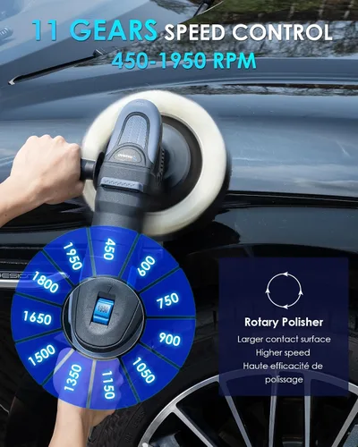 Vista 3 de Pulidora de búfer de 5 pulgadas, 1200 W, pulidora rotativa de precisión profesional con 11 velocidades 450-1950 RPM, velocidad constante y potencia