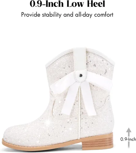 Vista 6 de Coutgo Botas vaqueras para niñas, botas de tacón bajo con purpurina, botas Blanco