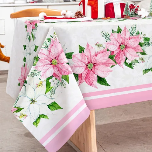 Vista 2 de Mantel navideño rectangular de 60 x 104 pulgadas, diseño de flor de pascua rosa con acuarela