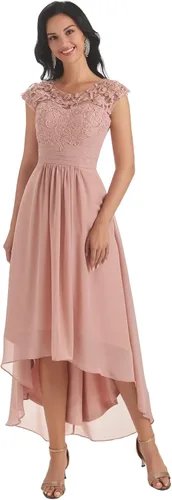 Vista 2 de Huaxiafan Vestidos de madre de la novia para boda cuello redondo mangas casquillo una línea de encaje gasa vestido formal alto bajo