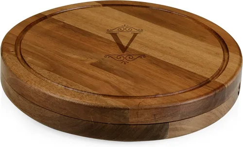 Vista 22 de Tablero de corte para queso Circo personalizado con monograma de iniciales de Toscana y juego de herramientas de acacia