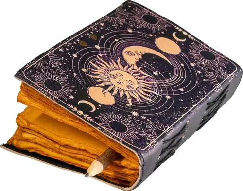 Vista 4 de Diario de cuero vintage hecho a mano con sol y luna para hombres y mujeres, antiguo hecho a mano con borde de cubierta vintage, cuaderno de bocetos