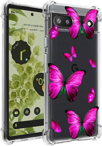 Vista 6 de Funda para Pixel 6A, GX7AS Linda, Transparente Flexible Bumper TPU Suave Goma Silicona Funda Teléfono Funda para Google Pixel 6A Rosa Mariposa