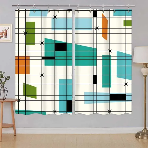 Vista 2 de Cortinas de cocina de mediados de siglo, estética, abstracta, geométrica, verde azulado, retro, cuadrícula, Starbursts de los años 50, 1960, juego