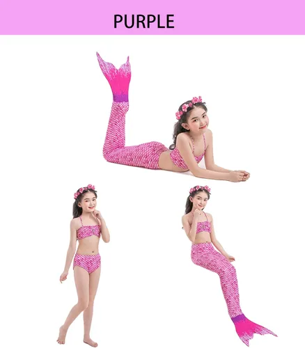Vista 2 de 3Pcs Girls Swimsuits Mermaid Tails for Swimming Mermaid Costume Bikini Set for Big Girls Birthday Gift 4-12 Years